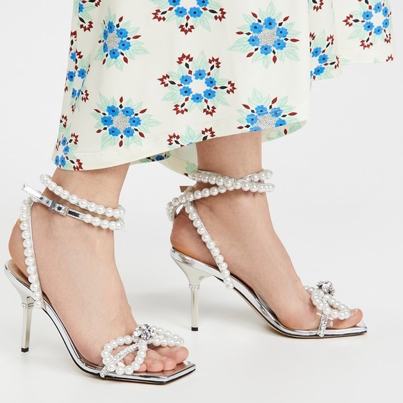 MACH & MACH Pearl Bow Square Toe Sandals in Silver Leather - Picture 4 of 14